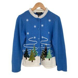 Cristal Kobe Ugly Christmas Tree Sweater Cardigan S Vintage Blue Embroidered